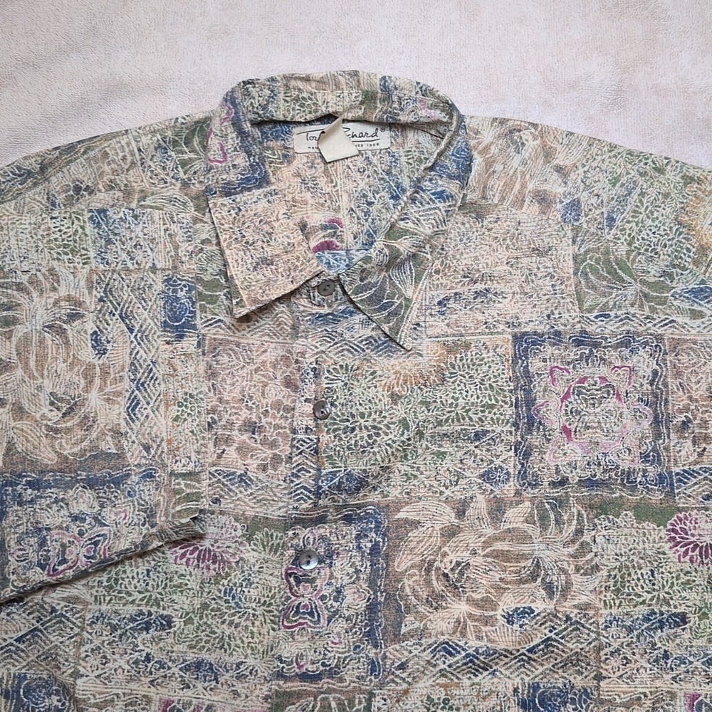 Tori Richard Mens Hawaiian Shirt Size Large Brown Blue Green Print Cotton Lawn